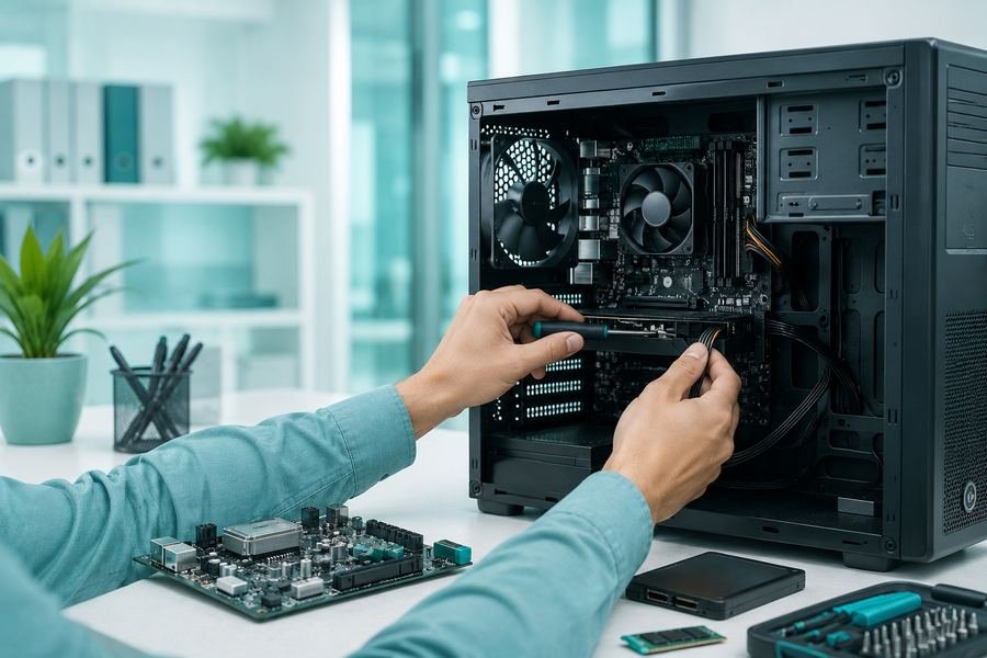 Technician servicing the internal components of a desktop computer