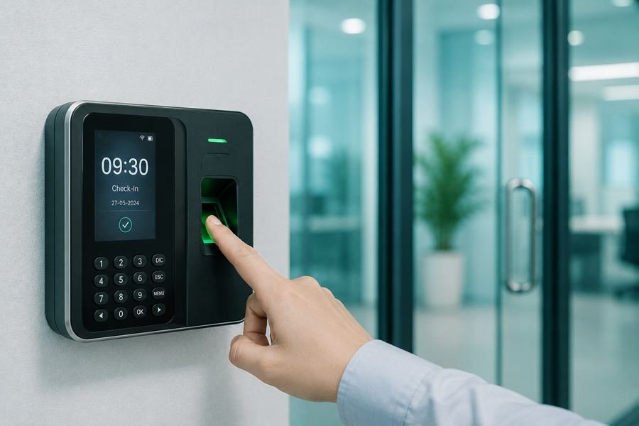 Employee checking in with a fingerprint attendance device showing check-in time