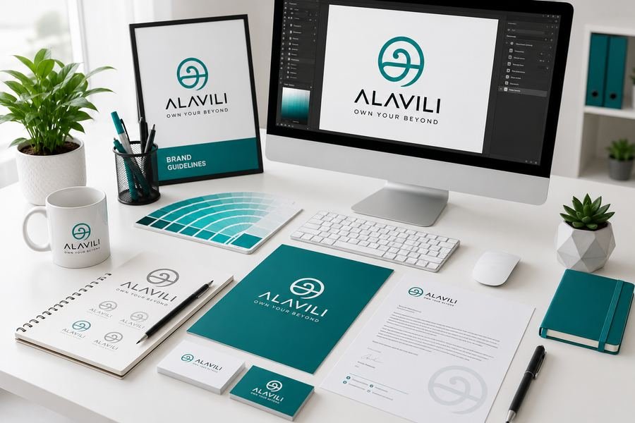 Brand identity mockup with logo, business cards, stationery and guidelines on a desk