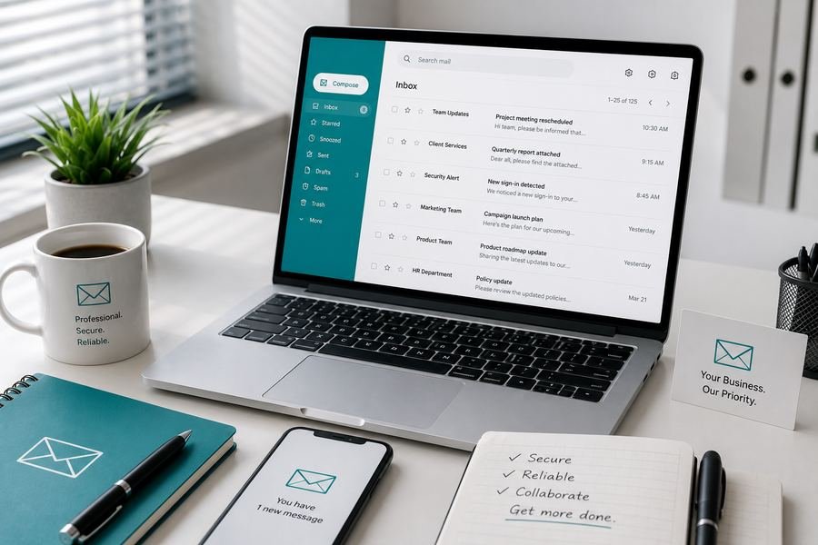 Professional business email inbox shown on a laptop and phone