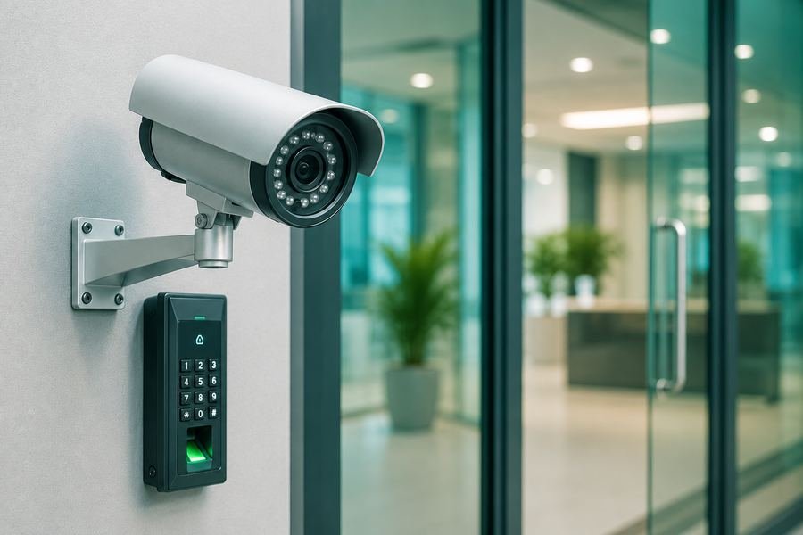 CCTV camera and fingerprint access control panel mounted beside an office entrance