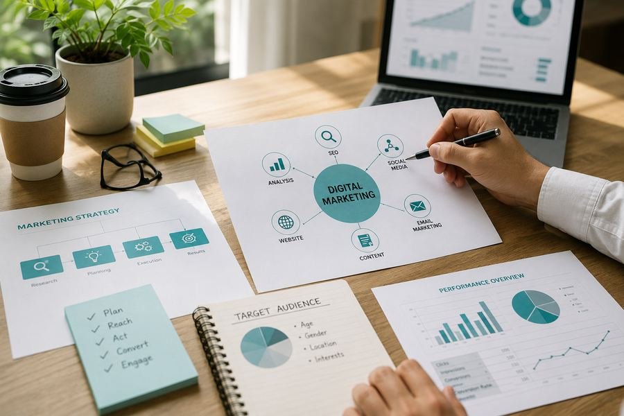Digital marketing strategy mindmap with SEO, social media and analytics charts