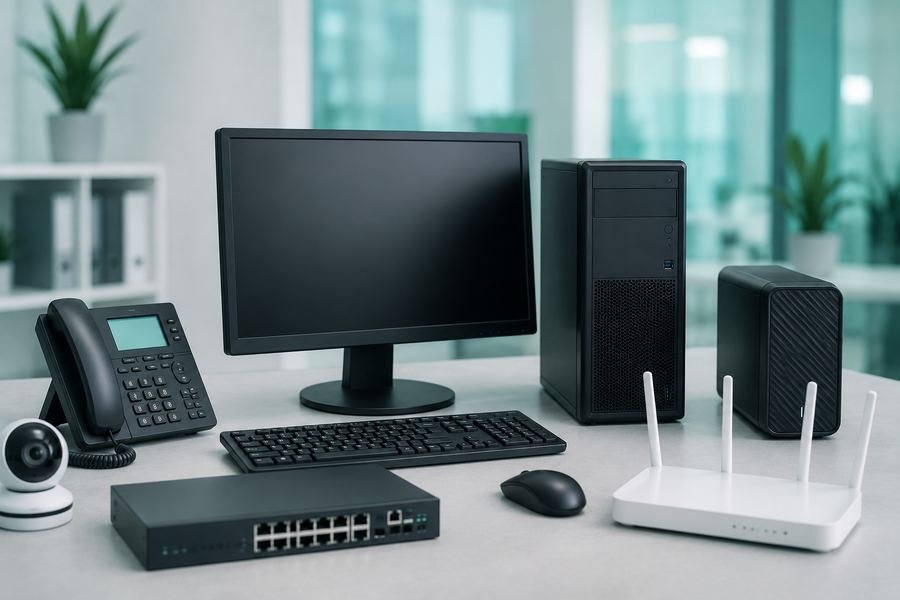 Desktop computer, monitor, NAS, router and peripherals set up on an office desk