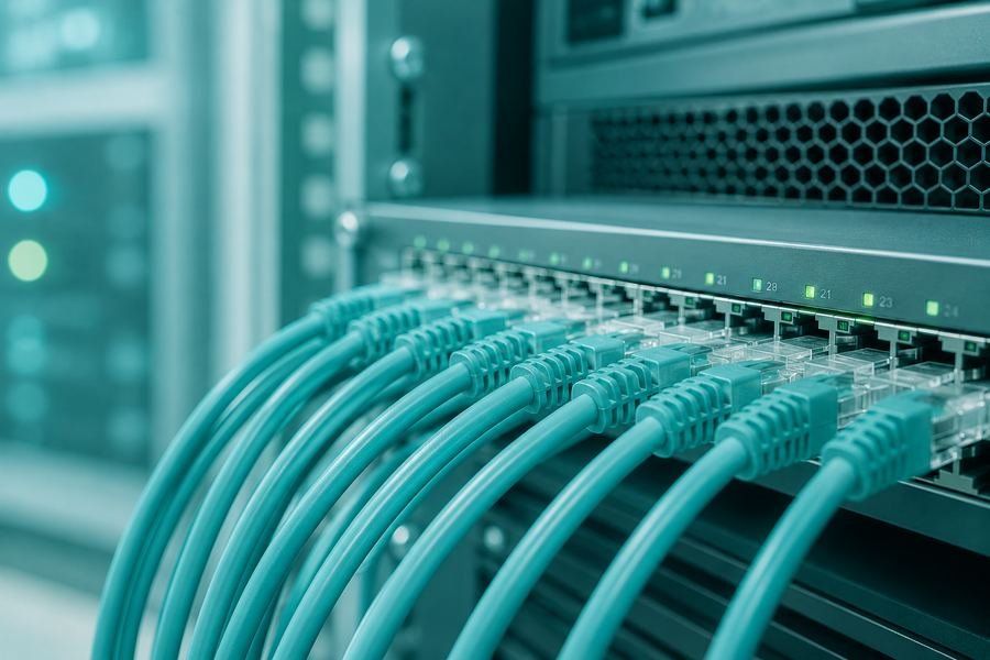 Teal ethernet cables connected to a network switch in a server rack