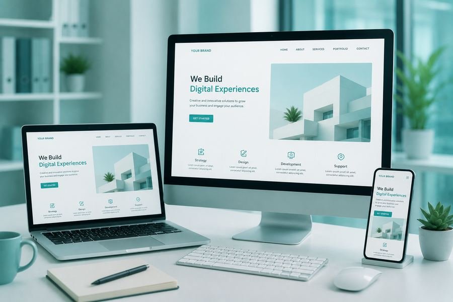 Responsive website mockup shown across a desktop monitor, laptop and phone